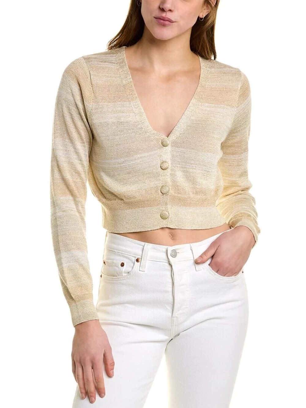 LoveShackFancy Asteria Cropped Cardigan Metallic Gold Wheatfield Size L NWT